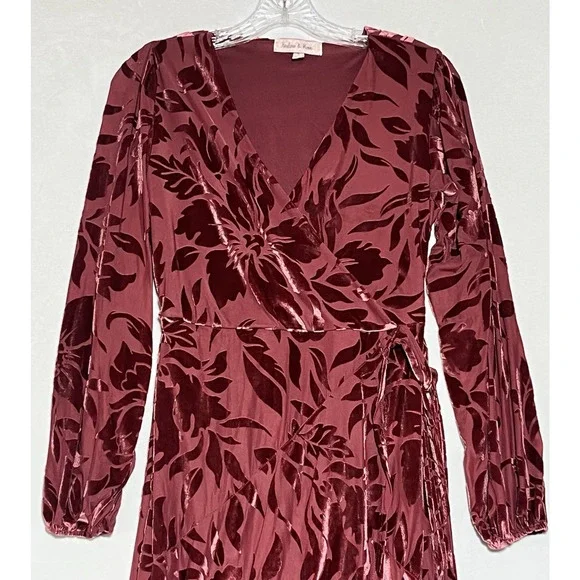 Velvet Burnout Midi Wrap Dress Size Small Mauve Floral High Low - Picture 3 of 11